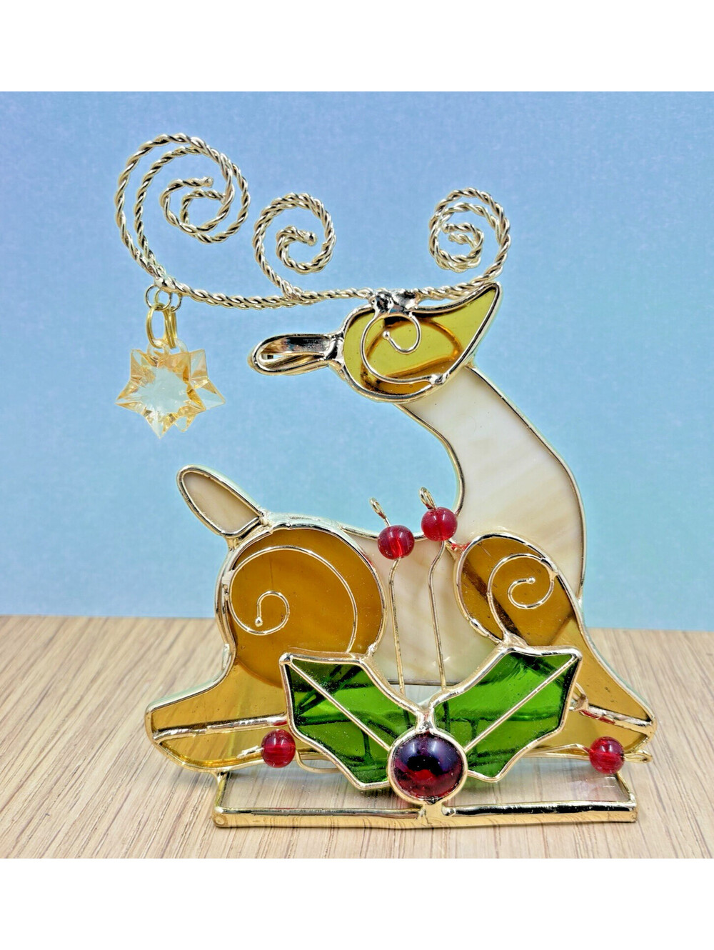 Vintage Stained Glass Reindeer Tea Light Candle Holder Gold Antlers Star Crystal